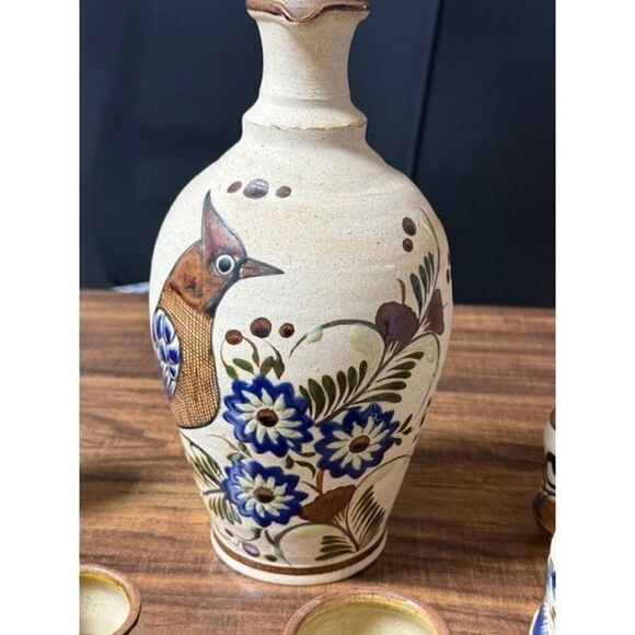 Tonala Mexican Folk Art Pottery Pitcher Decanter & 6 Shot Glasses Cups Bird - Picture 3 of 10